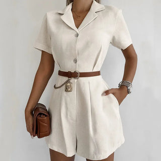 French Style Temperament Cotton And Linen Suit Collar High Waist Casual Jumpsuit Phosgene