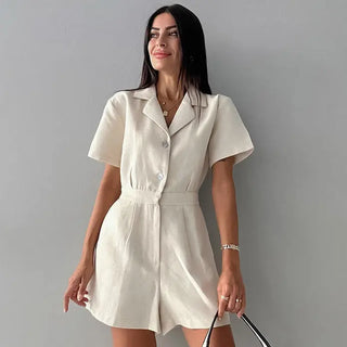 French Style Temperament Cotton And Linen Suit Collar High Waist Casual Jumpsuit Phosgene