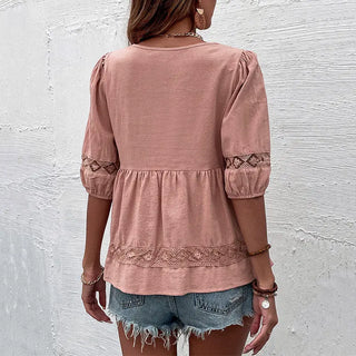 Half Sleeve Lace Pleated Stitching Doll Shirt Phosgene