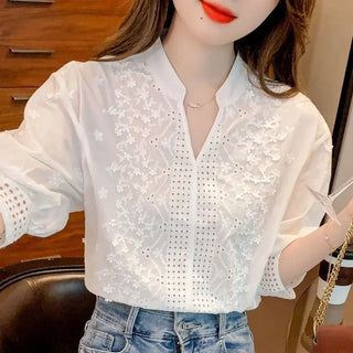 Hollow Out Embroidered Stand Collar Shirt Fashion Tops Phosgene