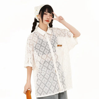 Hollow-out Crocheted Lace Short-sleeved Shirt Phosgene