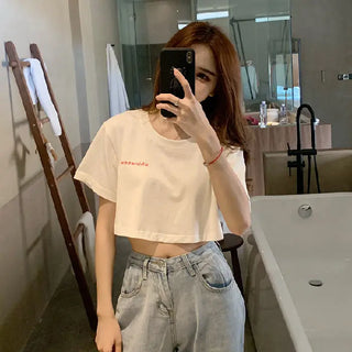 Korean Style Student Lazy Bf Loose Printed Personalized Hong Kong Style Short Midriff Outfit Top Phosgene