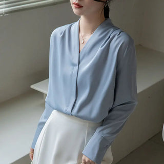 Korean Style Versatile V-neck Long Sleeve Satin Blouse Women's Tops Phosgene