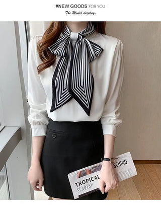 Lady Temperament Satin Striped Shirt With Ribbon Phosgene