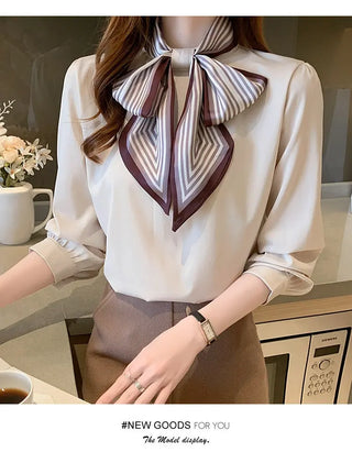 Lady Temperament Satin Striped Shirt With Ribbon Phosgene