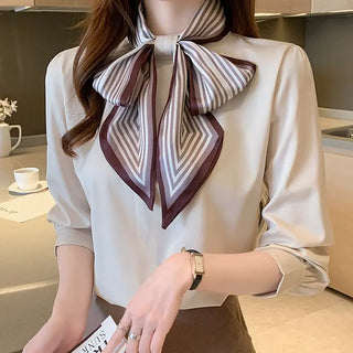 Lady Temperament Satin Striped Shirt With Ribbon Phosgene