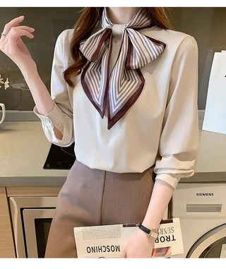 Lady Temperament Satin Striped Shirt With Ribbon Phosgene