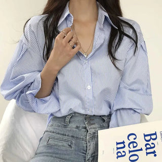 Lapel Contrast Color Striped Single-breasted Loose All-match Puff Sleeve Shirt Phosgene