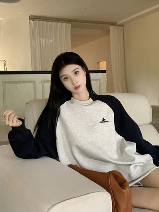 Letter Embroidery Contrast Color Loose Mid-length Long Sleeve Top Phosgene