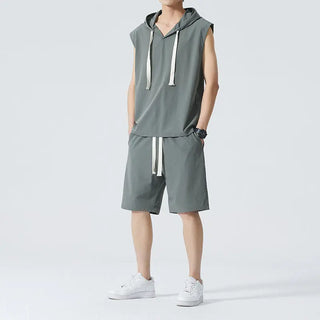 Men's Ice Silk Hooded High Street Short Sleeve T-shirt Shorts Set Phosgene