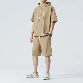 Men's Ice Silk Hooded High Street Short Sleeve T-shirt Shorts Set Phosgene