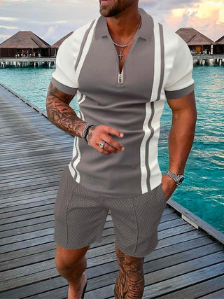 Men's Summer Fashion 3D Printed Short Sleeve Geometric Zip Lapel Shirt Set Phosgene