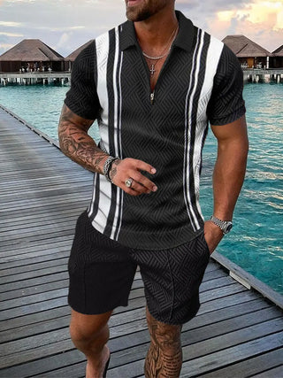 Men's Summer Fashion 3D Printed Short Sleeve Geometric Zip Lapel Shirt Set Phosgene