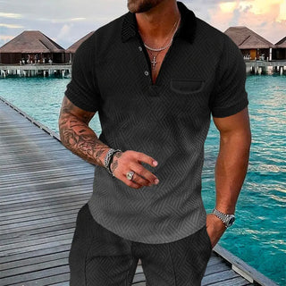 Men's Summer Fashion 3D Printed Short Sleeve Geometric Zip Lapel Shirt Set Phosgene