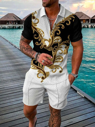 Men's Summer Fashion 3D Printed Short Sleeve Geometric Zip Lapel Shirt Set Phosgene