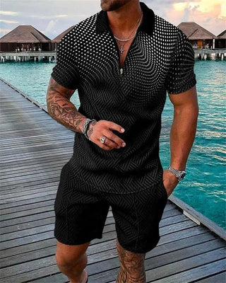 Men's Summer Fashion 3D Printed Short Sleeve Geometric Zip Lapel Shirt Set Phosgene