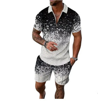 Men's Summer Fashion 3D Printed Short Sleeve Geometric Zip Lapel Shirt Set Phosgene