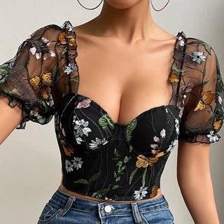 Net Yarn Flowers Embroidered Breasted Puff Sleeve Fishbone Short INS Top Phosgene