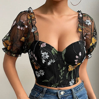 Net Yarn Flowers Embroidered Breasted Puff Sleeve Fishbone Short INS Top Phosgene