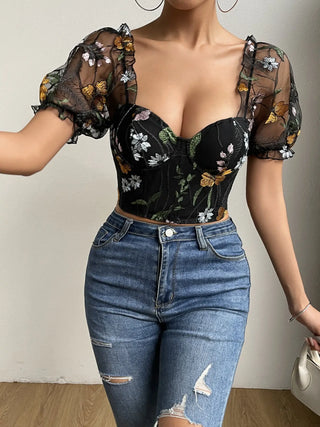 Net Yarn Flowers Embroidered Breasted Puff Sleeve Fishbone Short INS Top Phosgene