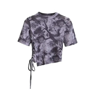 New Chinese Ink Painting Butterfly Mesh Short Sleeve Summer Asymmetric Slim-fit Shoulder T-shirt Phosgene