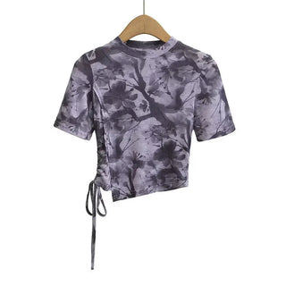 New Chinese Ink Painting Butterfly Mesh Short Sleeve Summer Asymmetric Slim-fit Shoulder T-shirt Phosgene