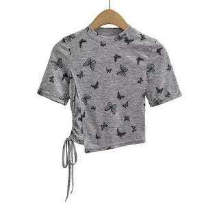 New Chinese Ink Painting Butterfly Mesh Short Sleeve Summer Asymmetric Slim-fit Shoulder T-shirt Phosgene