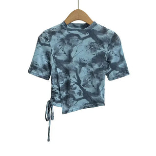 New Chinese Ink Painting Butterfly Mesh Short Sleeve Summer Asymmetric Slim-fit Shoulder T-shirt Phosgene