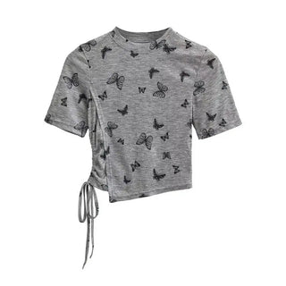 New Chinese Ink Painting Butterfly Mesh Short Sleeve Summer Asymmetric Slim-fit Shoulder T-shirt Phosgene