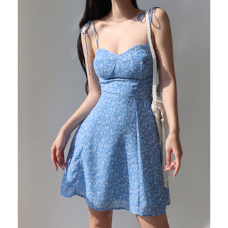 Retro Girl Blue Laced Floral Strap Dress A- Line Vacation Style Phosgene