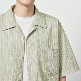 Seersucker Striped Printed Short Sleeve Shirt With Eight-character Collar Phosgene