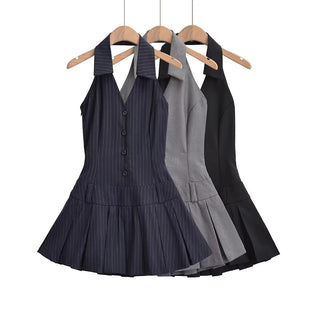 Artistic V-neck Halter Striped A- Line Skirt Low Waist Pleated Dress Slim Fit Slim Backless Phosgene