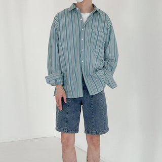 Striped Long-sleeved Shirt Men's Hong Kong Style Phosgene