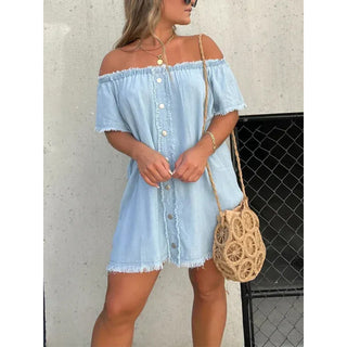 Women's Denim Off-shoulder Tassel Dress Phosgene