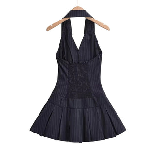 Artistic V-neck Halter Striped A- Line Skirt Low Waist Pleated Dress Slim Fit Slim Backless Phosgene