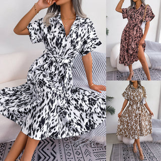 Leisure Loose Leopard Print Lace-up Shirt Dress Phosgene