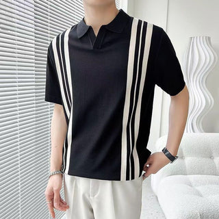 Men's Mixed Color Stripe Slim Lapel T-shirt Phosgene