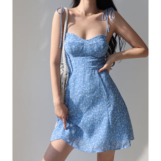 Retro Girl Blue Laced Floral Strap Dress A- Line Vacation Style Phosgene