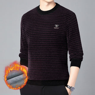 Men's Fashion Velvet Padded Thick Round Neck Striped Sweater Phosgene