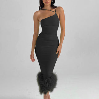 Women's One-shoulder Halter Fur Dress Dress Phosgene