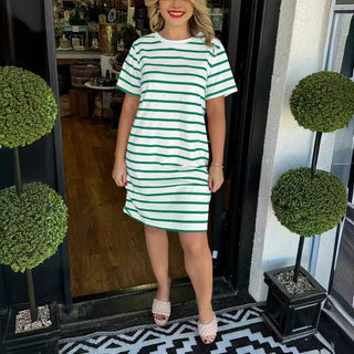 Fashion Striped Round Neck Dress Women Phosgene