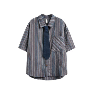 Japanese-style Retro Vertical Striped Casual Short-sleeved Shirt Men Phosgene