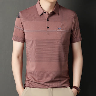 Men's Stripe Belt Lapel Short Sleeve Polo Shirt Phosgene