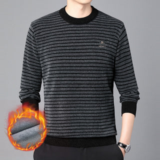 Men's Fashion Velvet Padded Thick Round Neck Striped Sweater Phosgene