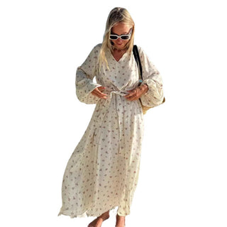 Women's Chiffon Printed Dress V-neck Loose Long Phosgene