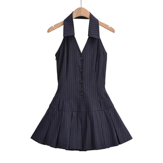 Artistic V-neck Halter Striped A- Line Skirt Low Waist Pleated Dress Slim Fit Slim Backless Phosgene