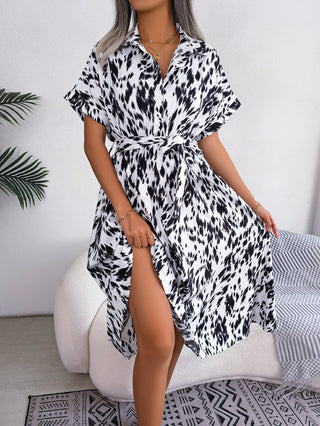 Leisure Loose Leopard Print Lace-up Shirt Dress Phosgene