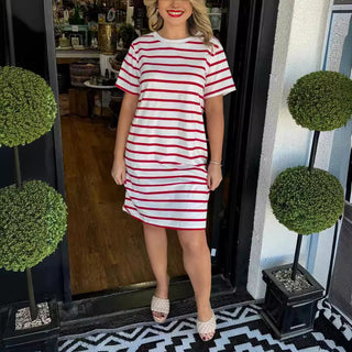 Fashion Striped Round Neck Dress Women Phosgene