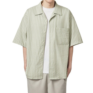 Seersucker Striped Printed Short Sleeve Shirt With Eight-character Collar Phosgene