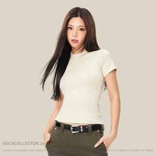 Round Neck Raglan Sleeves T-shirt Female Hot Girl Solid Color Top American Style Phosgene